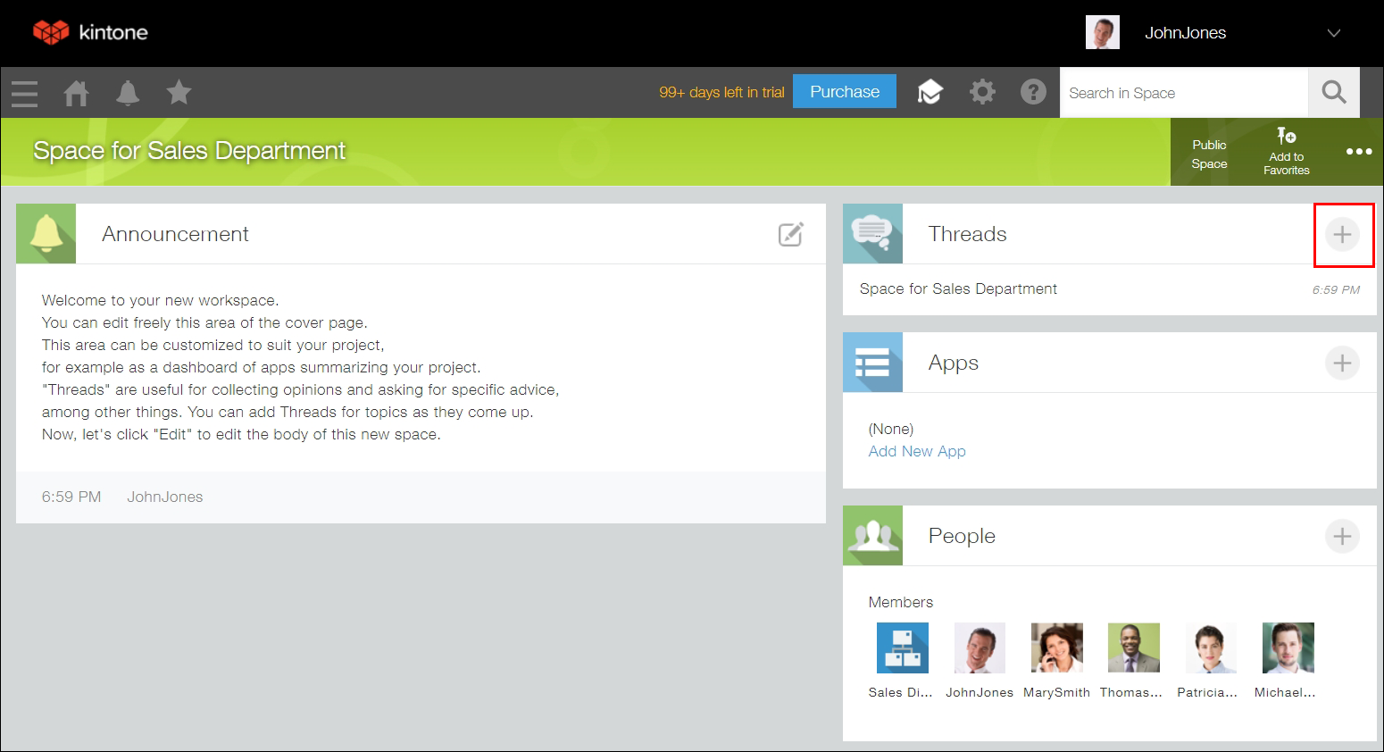 Captura de pantalla: El ícono "Nuevo hilo" está resaltado en un portal espacial