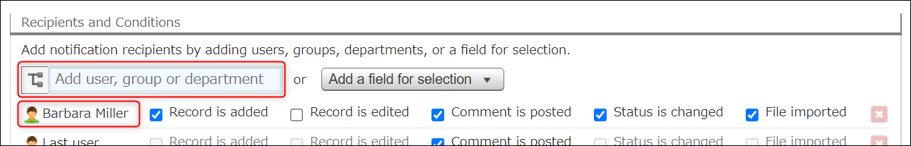 Captura de pantalla: Se especifica un usuario como destinatario de notificaciones en la pantalla "Notificaciones generales".