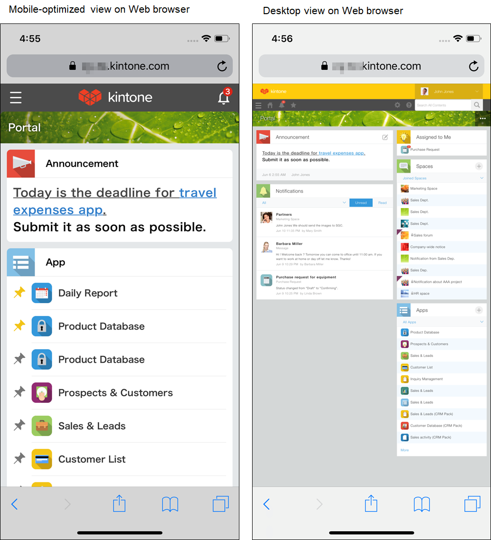Captura de pantalla: Comparación de las pantallas optimizadas para dispositivos móviles y de escritorio en un navegador web