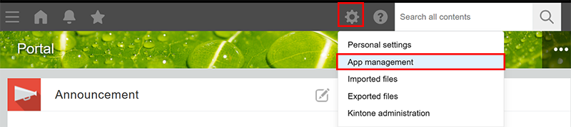 Captura de pantalla: El ícono "Configuración" en la parte superior de la pantalla y la opción "Administración de aplicaciones" están resaltados