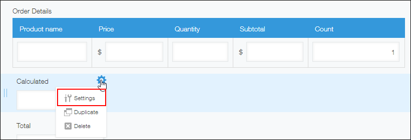 Captura de pantalla: La opción "Configuración" en el menú que se muestra con el ícono "Configuración" (ubicado en la esquina superior derecha del campo "Calculado") está resaltada