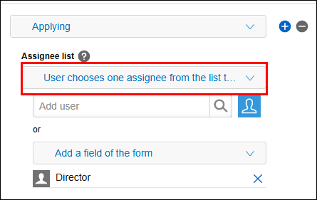 Captura de pantalla: "El usuario elige a un asignatario de la lista para emprender la acción" está resaltado en la lista desplegable "Lista de asignados" en la configuración de "Administración de procesos".