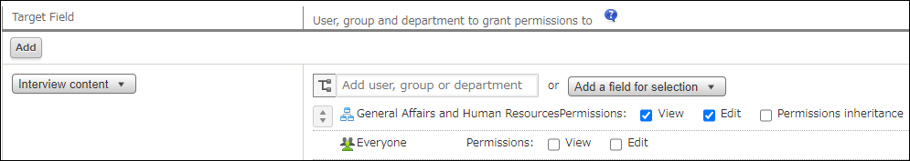 Captura de pantalla: Los permisos se configuran mediante el departamento "Asuntos Generales y Recursos Humanos" en la pantalla "Permisos para campos".