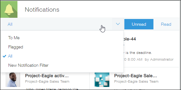 Captura de pantalla: La lista desplegable para filtrar notificaciones se muestra en la pantalla "Notificaciones"