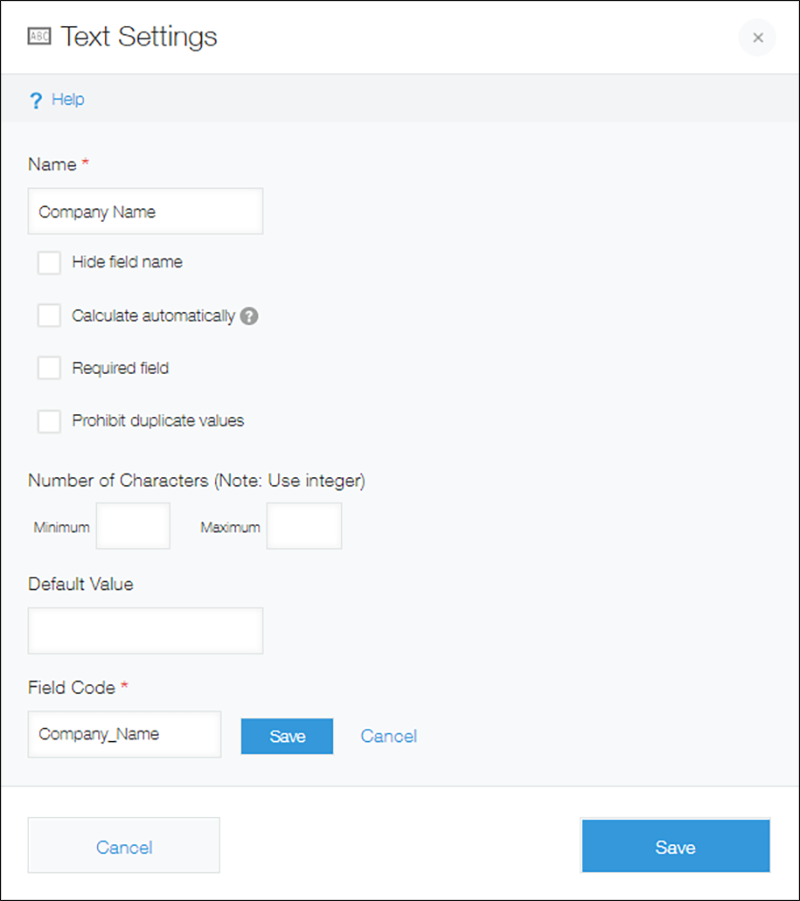 Captura de pantalla: La pantalla de configuración de un campo "Texto"