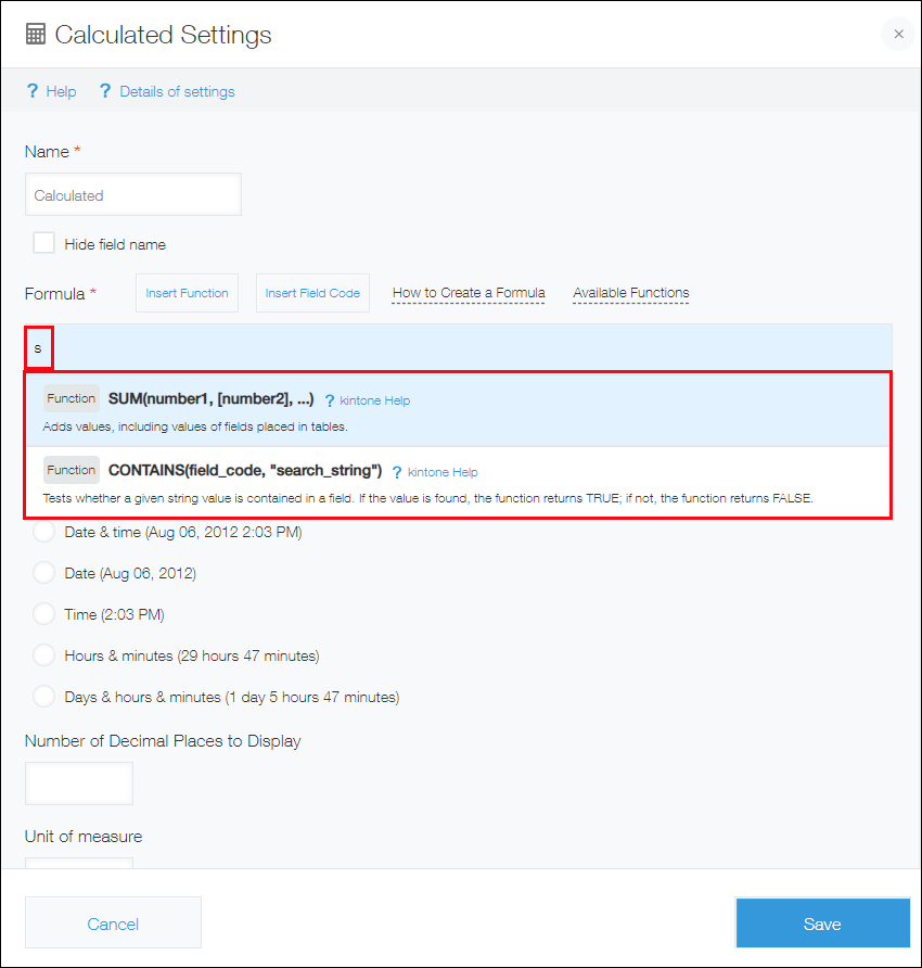 Captura de pantalla: El cuadro de diálogo "Configuración calculada". Las funciones que contienen el carácter introducido se muestran como sugerencias en la configuración "Fórmula".