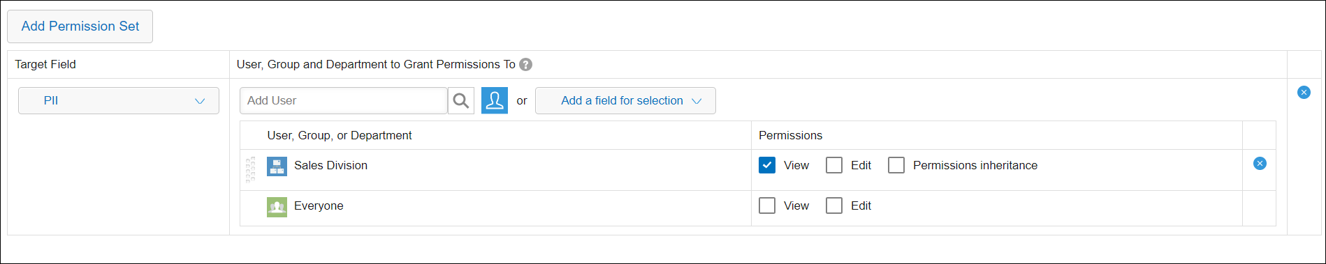 Captura de pantalla: Ejemplo de configuración de permisos de campo