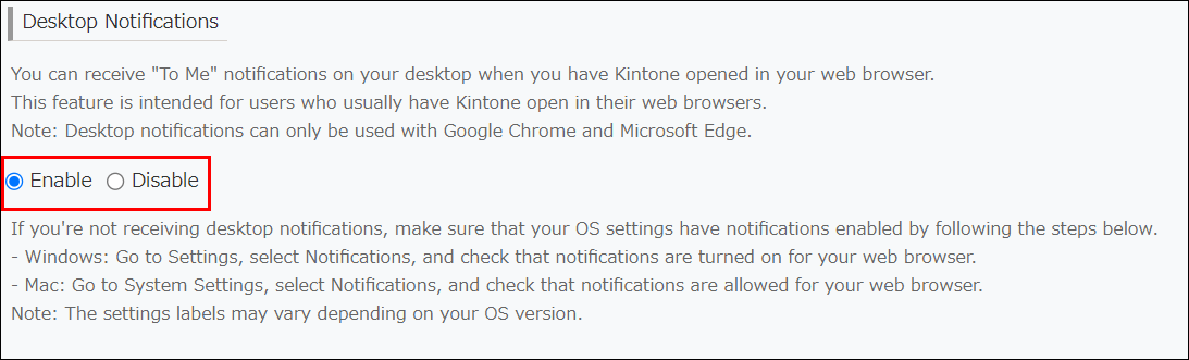 Captura de pantalla: La "Notificación de escritorio" está habilitada.