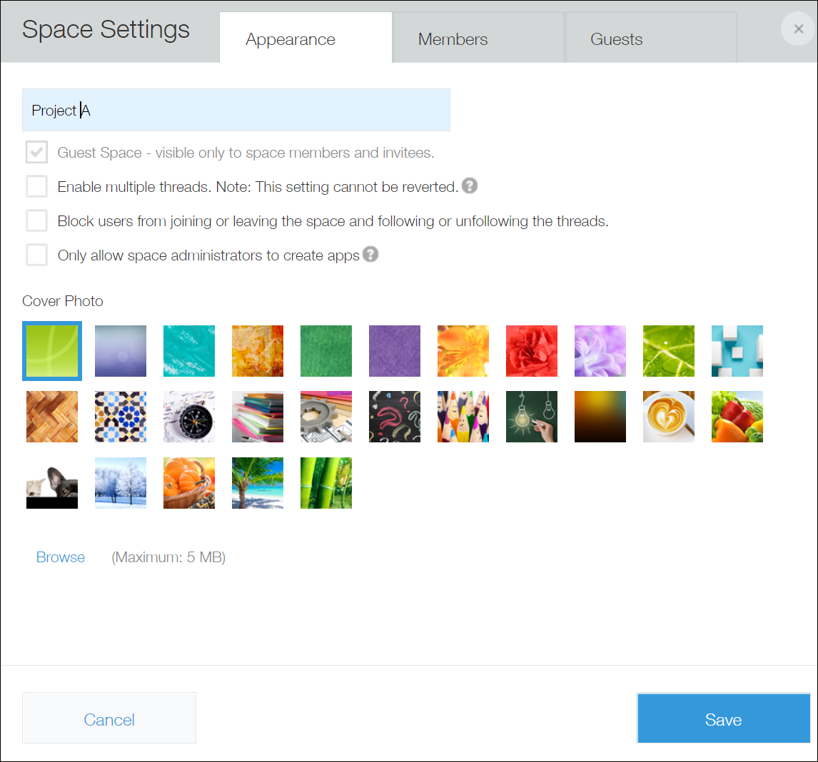 Captura de pantalla: La pestaña "Apariencia" está seleccionada en el cuadro de diálogo "Configuración del espacio".
