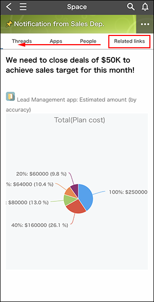ภาพหน้าจอ: เลื่อนแถบแท็บจากขวาไปซ้ายเพื่อแสดงแท็บ "ลิงก์ที่เกี่ยวข้อง"