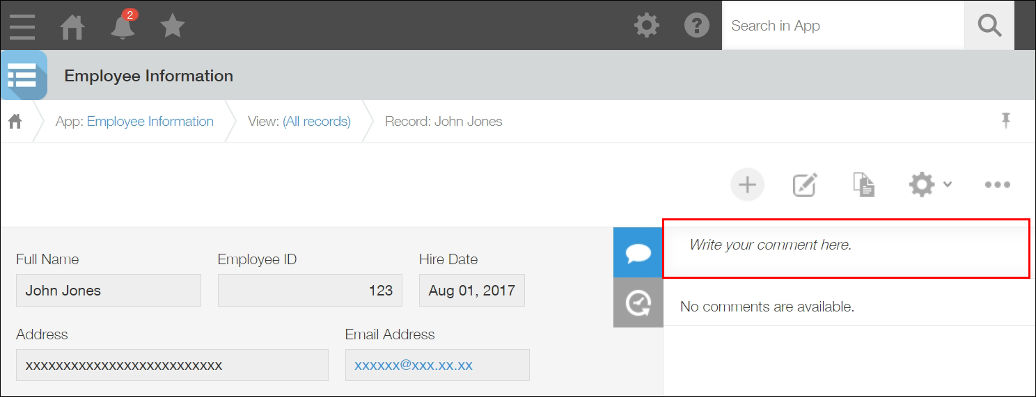 ภาพหน้าจอ: ช่องแสดงความคิดเห็นและข้อความตัวแทน "เขียนความคิดเห็นของคุณที่นี่" จะปรากฏบนหน้าจอ "บันทึกรายละเอียด"