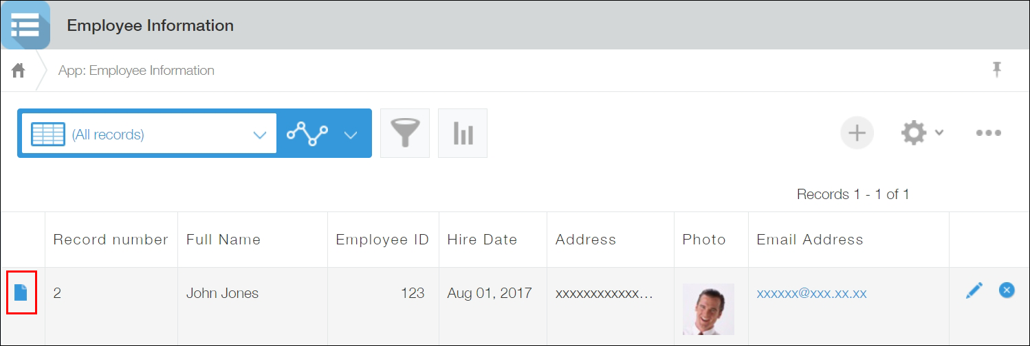 ภาพหน้าจอ: ไอคอน "แสดงรายละเอียดเรกคอร์ด" จะแสดงบนหน้าจอ "มุมมอง"