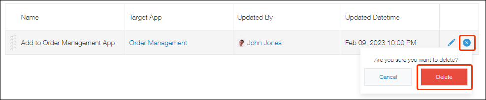 ภาพหน้าจอ: การลบการดำเนินการแอป