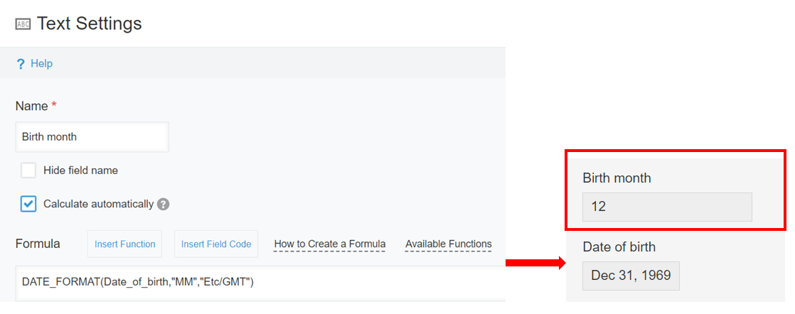 ภาพหน้าจอ: แสดงเดือนจากช่อง "วันเกิด"