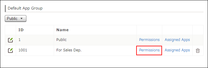 ภาพหน้าจอ: ลิงก์ "สิทธิ์" สำหรับกลุ่มแอปถูกเน้นไว้