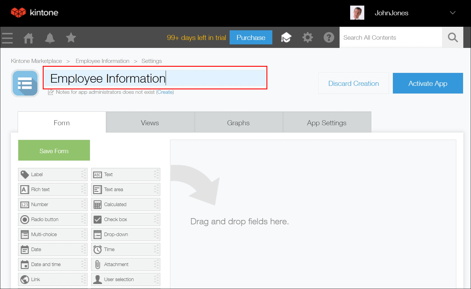ภาพหน้าจอ: ช่องป้อนชื่อแอปมีเส้นขอบเป็นสีแดงในการตั้งค่าแอป