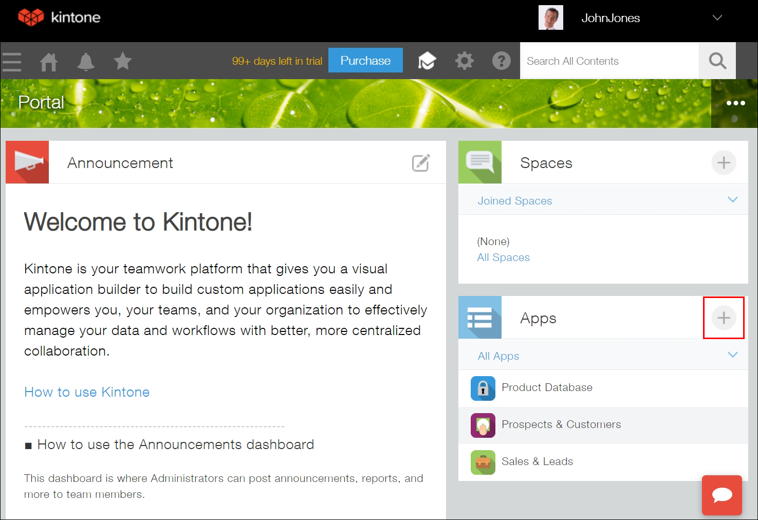 ภาพหน้าจอ: ไอคอน "สร้างแอป" มีโครงร่างไว้ในส่วน "แอป"