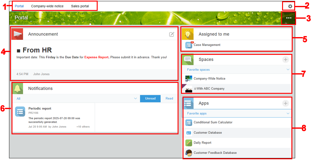 ภาพหน้าจอ: ส่วนต่างๆ ของพอร์ทัลที่มีป้ายกำกับตั้งแต่ 1 ถึง 8