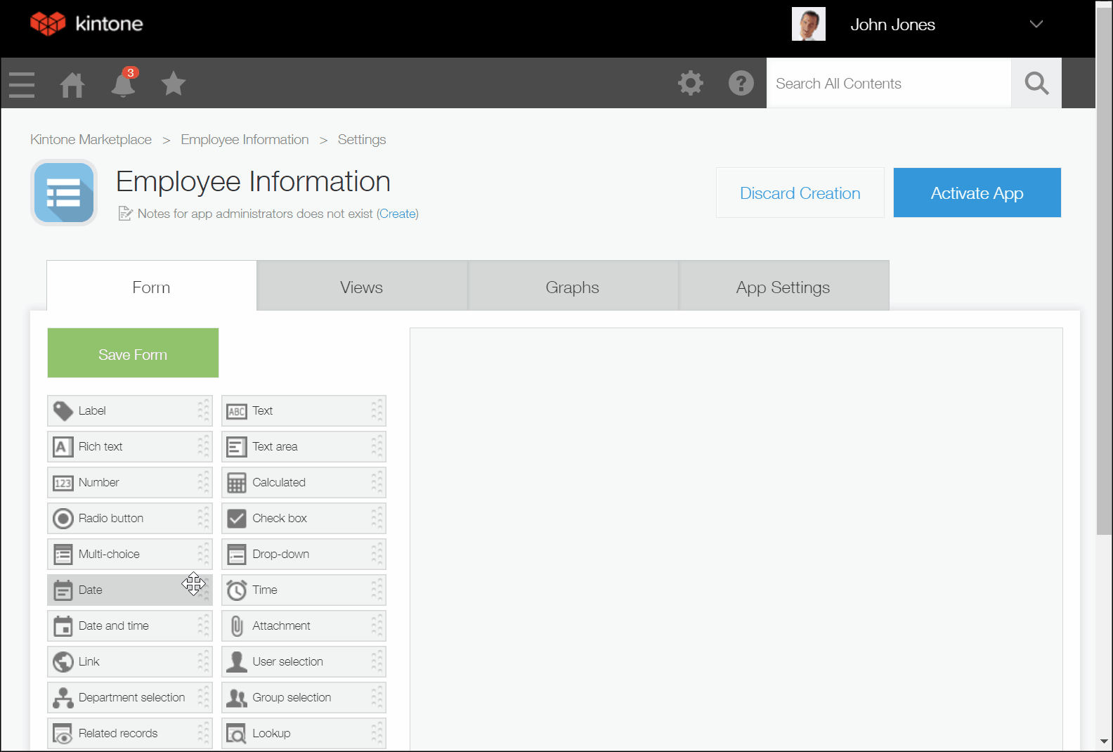 ภาพหน้าจอ: วิดีโอการวางฟิลด์บนแบบฟอร์มแอปโดยการลากและวาง
