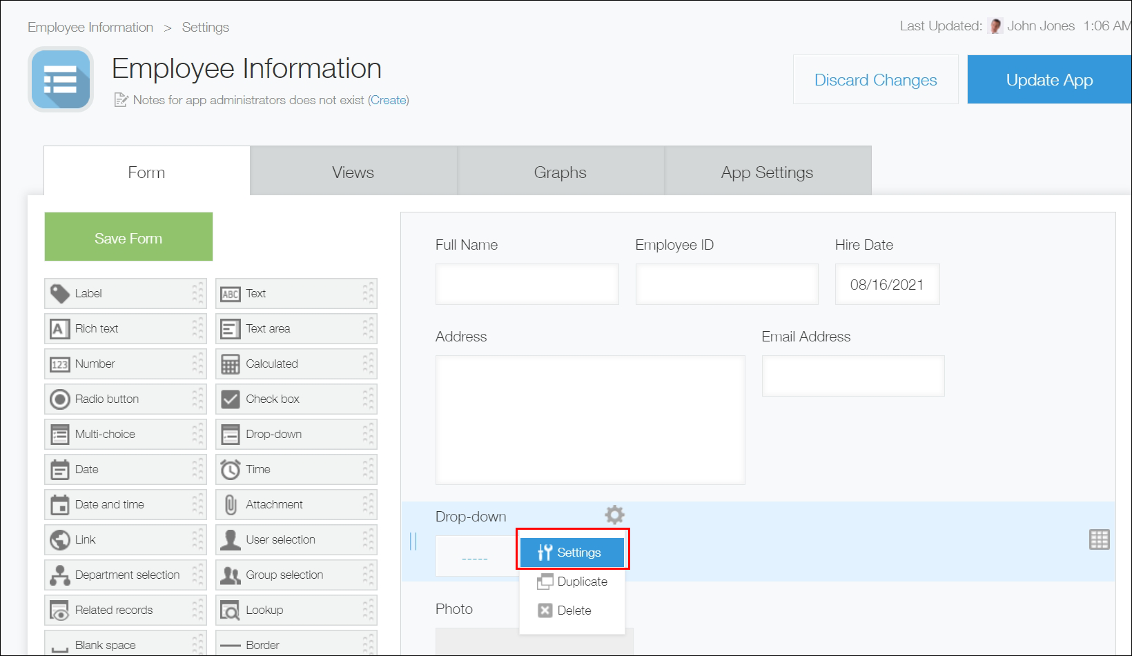 ภาพหน้าจอ: คลิกไอคอน "การตั้งค่า" ของช่อง "ดรอปดาวน์"