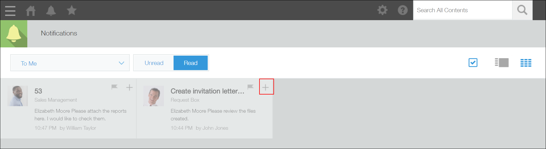 ภาพหน้าจอ: ไอคอน "ทำเครื่องหมายว่ายังไม่ได้อ่าน" มีโครงร่างอยู่