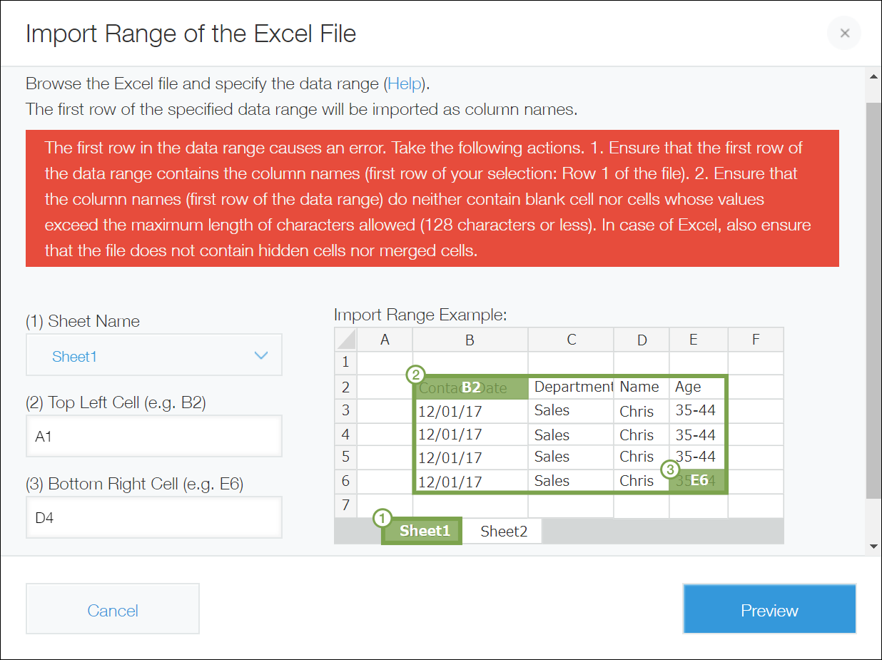 ภาพหน้าจอ: ข้อความแสดงข้อผิดพลาดจะปรากฏในกล่องโต้ตอบ "นำเข้าช่วงของไฟล์ Excel"
