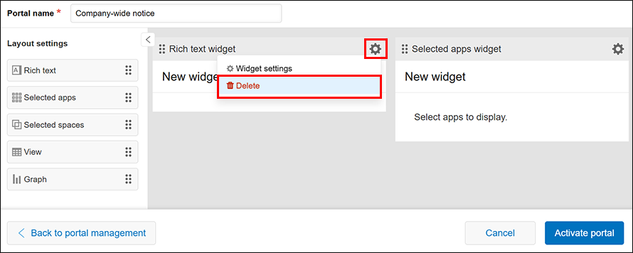 ภาพหน้าจอ: การลบวิดเจ็ต