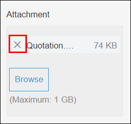 ภาพหน้าจอ: ไอคอน "ลบ" (ไอคอน "X") ทางด้านซ้ายของไฟล์แนบจะถูกเน้น