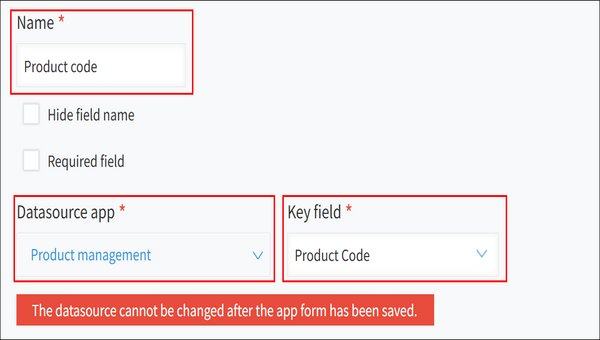 ภาพหน้าจอ: ในหน้าจอ "การตั้งค่าลุคอัพ" ส่วน "ชื่อ", "แอปพลิเคชันแหล่งข้อมูล" และ "ฟิลด์หลัก" จะถูกไฮไลต์