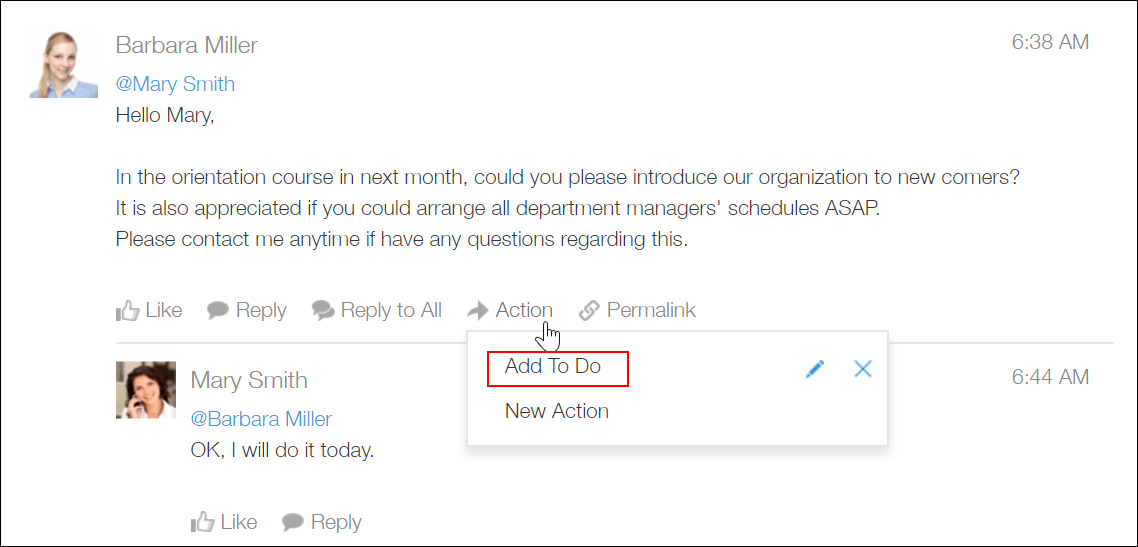 ภาพหน้าจอ: การดำเนินการสำหรับการคัดลอกเนื้อหาของความคิดเห็นในเธรดไปยังแอป To Do ได้รับการสรุปไว้