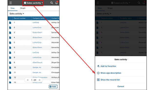 ภาพหน้าจอ: การเปิดเมนูการดำเนินการของแอปจากหน้าจอ "มุมมอง"
