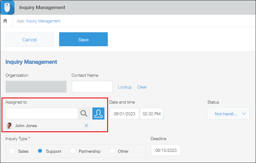 ภาพหน้าจอ: ฟิลด์จะถูกเติมโดยอัตโนมัติด้วยผู้ใช้ที่เข้าสู่ระบบเมื่อพวกเขาสร้างบันทึก