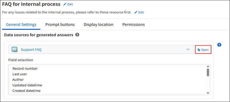 截图：突出显示指定为数据源的应用名称右侧的[打开]
