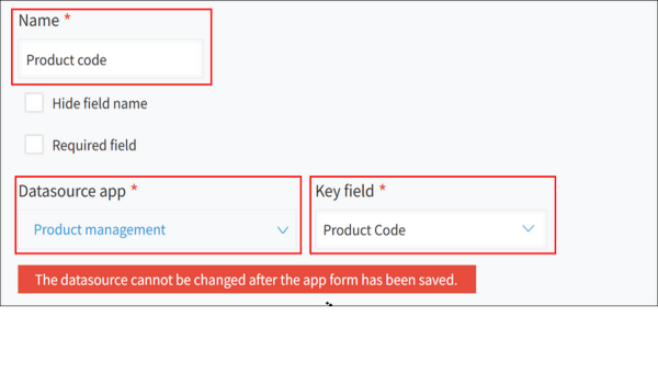 截图：在［Lookup的设置］页面中用线框圈出［字段名称］［要关联的应用］［要复制的字段］