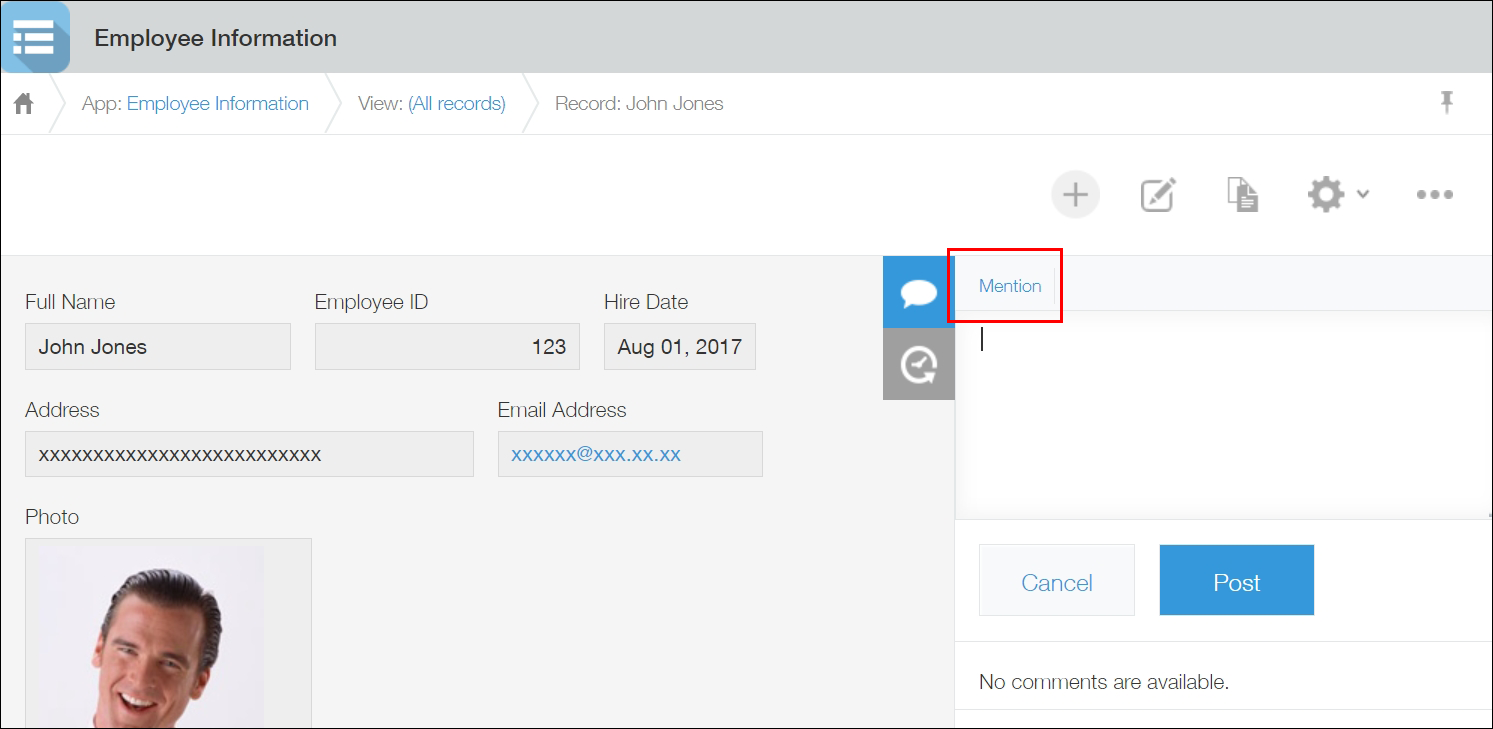 截图：［记录详情］页面中用线框圈出［回复］区域