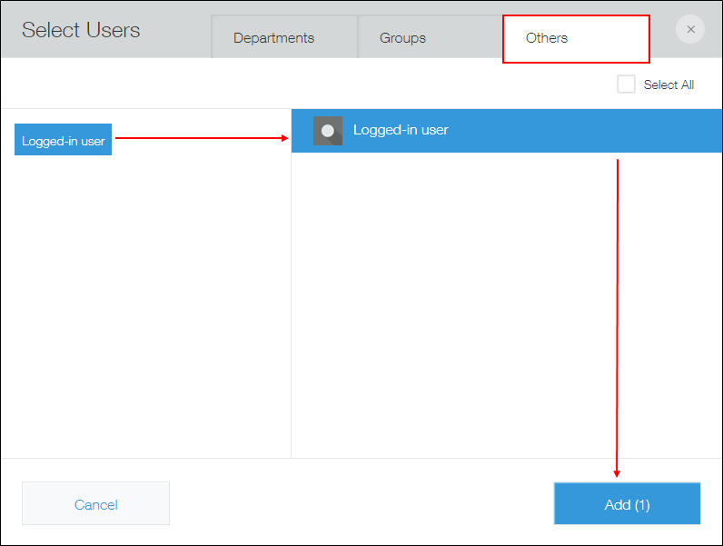 截圖：在對話方塊中選擇［登入使用者］，點選［新增］按鈕
