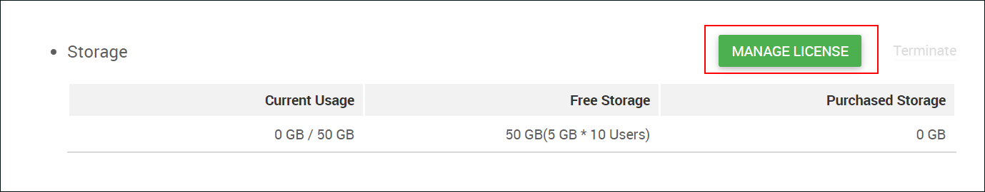 截圖：框線強調［Storage］中的［Manage License］按鈕