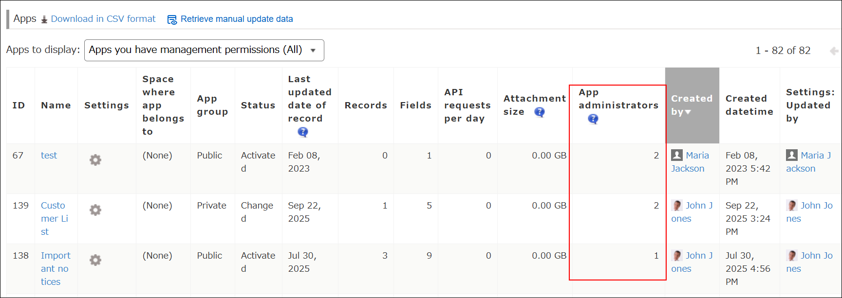 截圖：強調［應用程式管理］畫面的［應用程式清單］中的［應用程式管理員數］欄