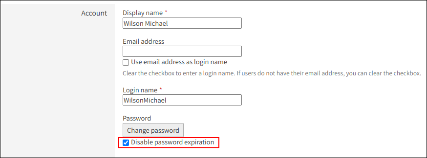 Screenshot: The "Disable password expiration" checkbox is selected