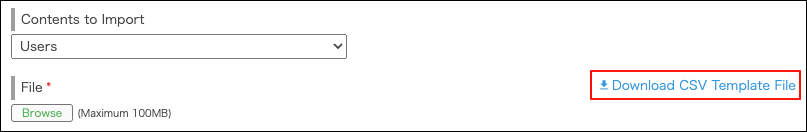 Screenshot: "Download CSV template file" is highlighted