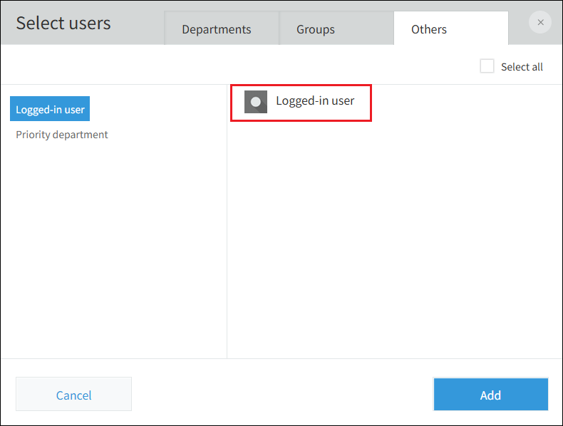 Screenshot: Screen of kintone. Showing an example of configuring "Logged-in user" as a filter condition