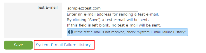 Screenshot: "System email failure history" is highlighted