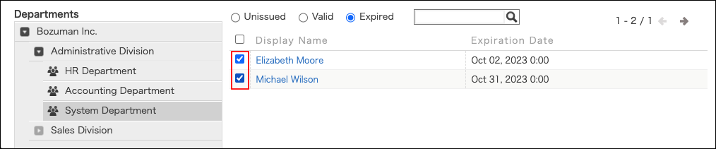 Screenshot: The checkbox of the target user is selected