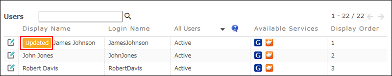 Screenshot: A screen to configure departments and users. "Updated" is highlighted.