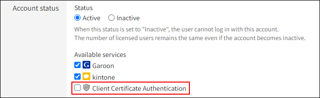 Screenshot: Change user information screen. The "Client certificate authentication" checkbox is cleared