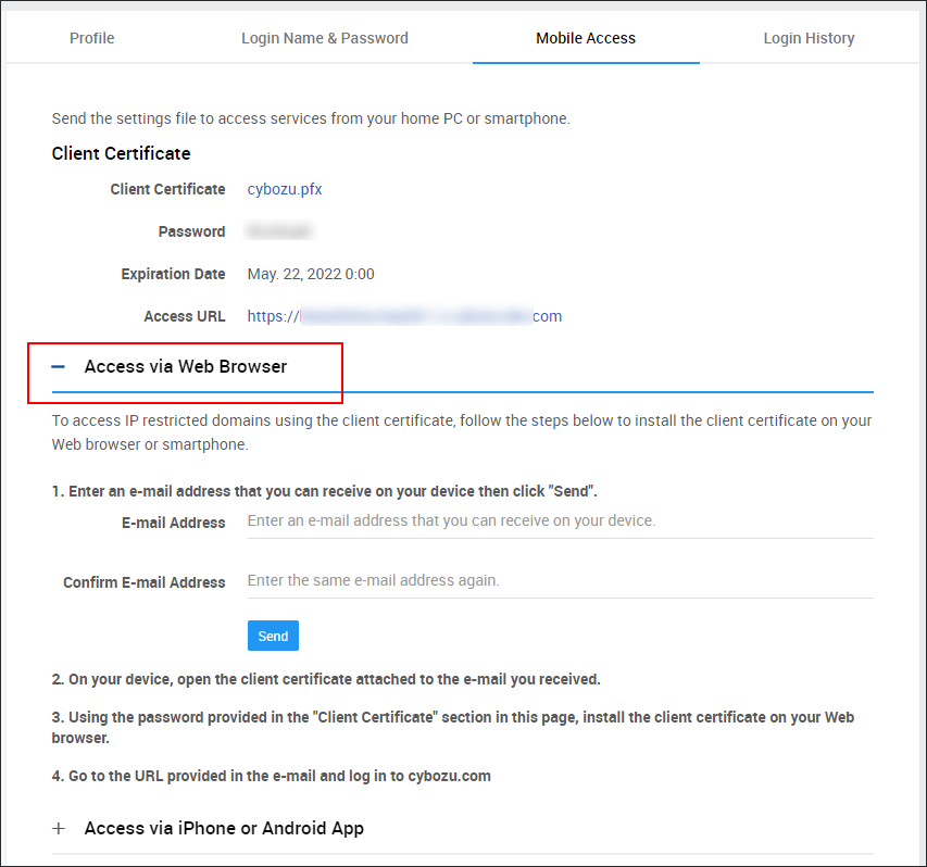 Screenshot: "Access via web browser" is highlighted