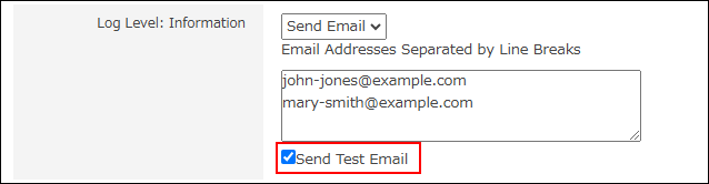 Screenshot: "Send test email" is selected
