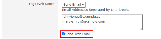Screenshot: "Send test email" is selected