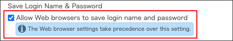 Screenshot: The "Allow Web browsers to save login name and password" checkbox is selected