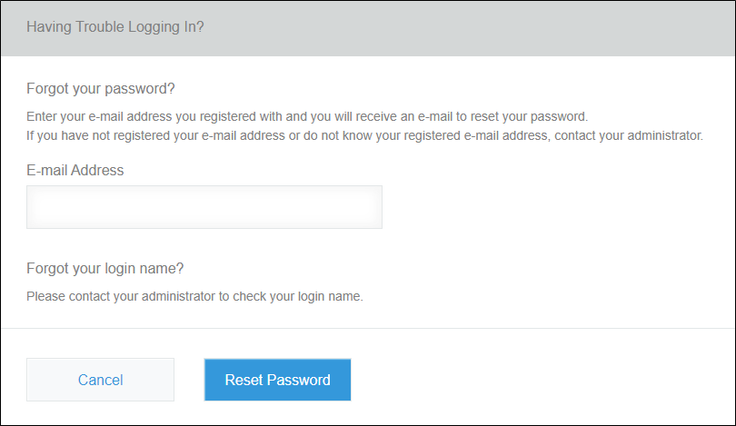 Screenshot: Resetting the password by entering an email address
